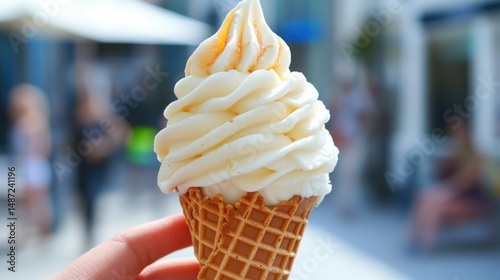 Close-up of a hand holding a delicious vanilla ice cream cone with a waffle cone. Perfect for summer and dessert themes.