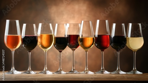 Wine tasting - different glasses of wine, direct light