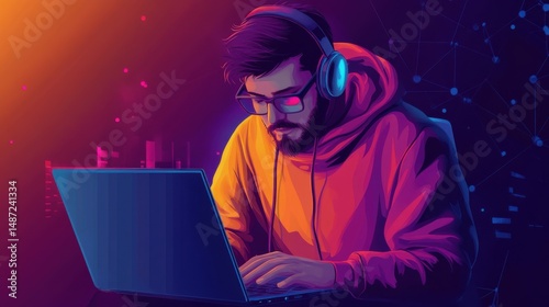 Hacker in data security concept. Hacker using laptop. Hacking the Internet. Cyber attack.