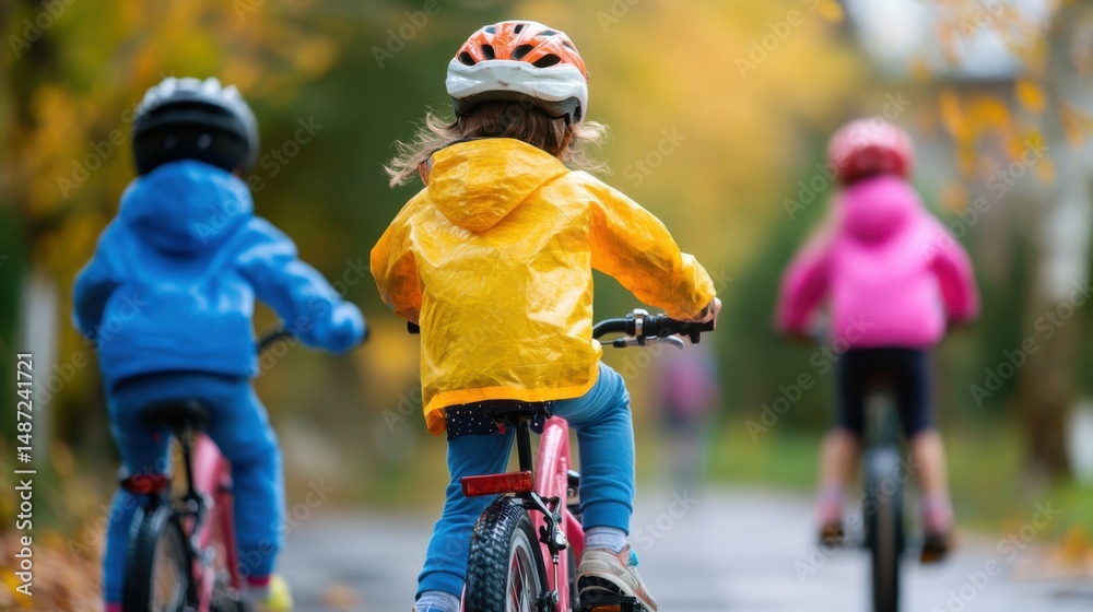 Fototapeta premium Kids in Protective Gear Ride Bikes on Bike Path, Rear View.