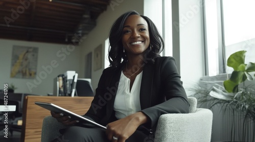 Smiling businesswoman sitting in modern office with tablet