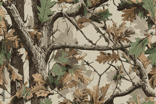 Real tree forest camouflage seamless pattern design pattern for hunting and military uniform. A camouflage pattern featuring oak leaves and branches, with earthy tones of brown and green.