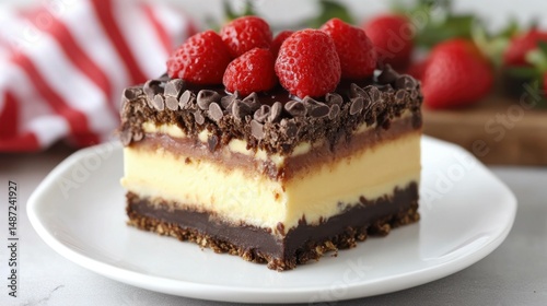Delicious layered dessert bar featuring rich chocolate, creamy custard, and a crumbly base. Perfect for any occasion or sweet treat.