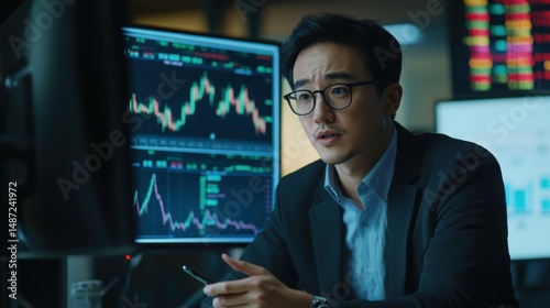Asian businessman talking about stock market investment and graph from tv screen with broker trader, giving money plan management and analysis