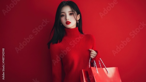 Young asian woman wearing red sweater dress with shopping bags on red background for Chinese new year and Christmas festival
