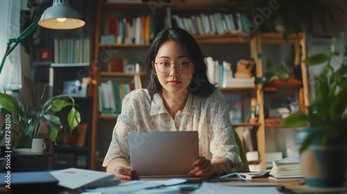 Asian woman virtual conference meeting video call and work at home office