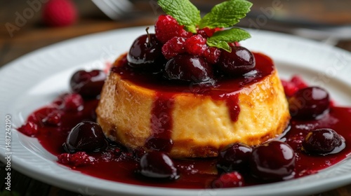 Delicious flan dessert topped with dark cherries and fresh mint, served on a white plate with a raspberry sauce drizzle.