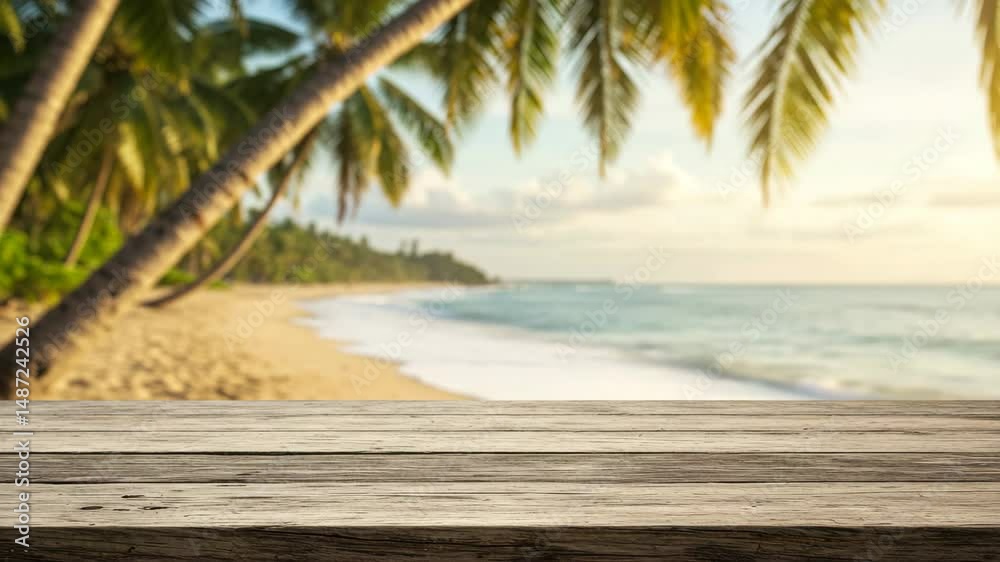 empty wooden table against the backdrop of a sunny, choppy beach with coconut trees empty wooden table against the backdrop of a sunny, choppy beach with coconut trees