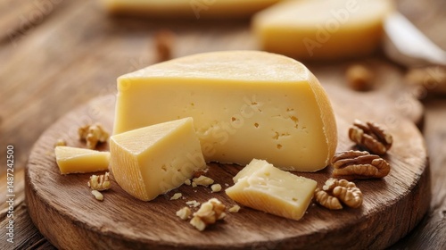 Cheese wedge on wooden board with sliced pieces and nuts