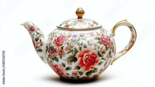 Floral patterned teapot, white isolate background