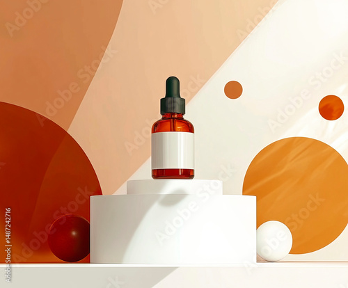 A brown glass dropper bottle with a blank white label is displayed on a white podium against a modern, abstract beige and brown background, creating a minimalist and elegant product presentation.