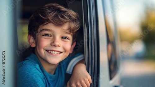 Smiling boy looking out of camper van window