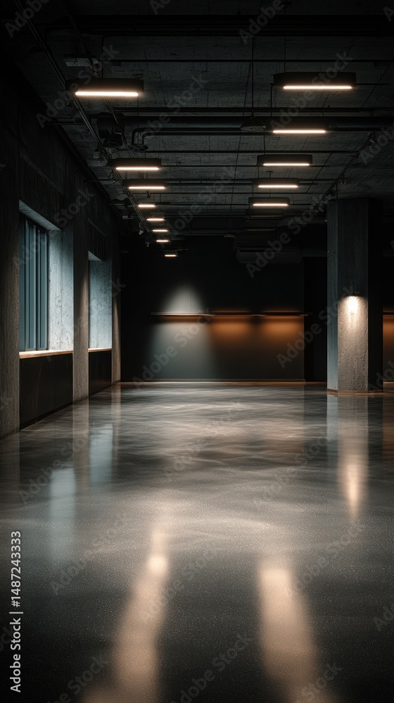 Empty modern concrete hall with spotlights and large windows Empty modern concrete hall with spotlights and large windows
