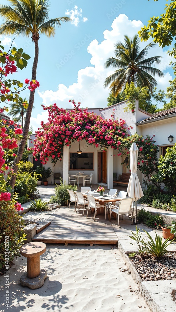 Fototapeta premium Vibrant Tropical Garden with Outdoor Dining Area and Bougainvillea
