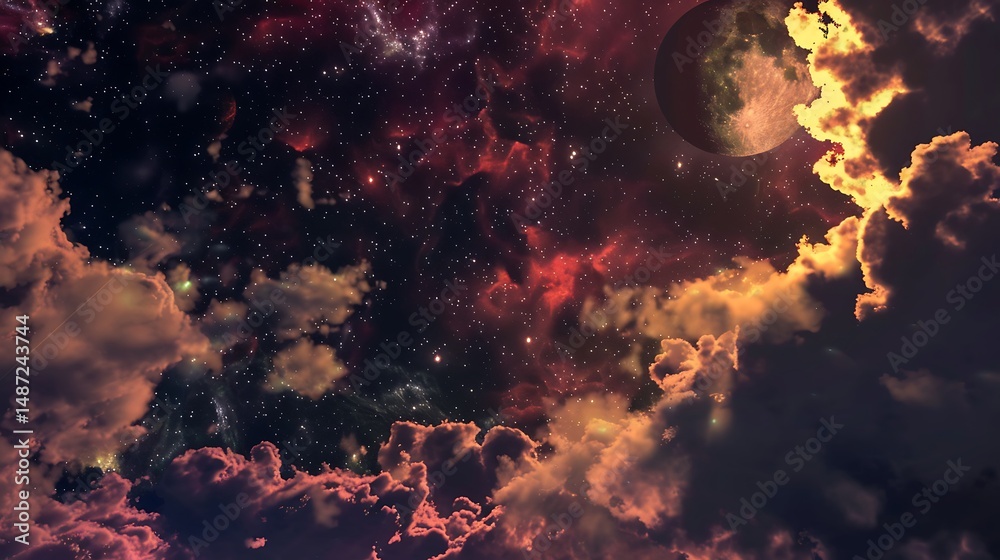 Vibrant Cosmic Scene with Clouds Stars and Planets in a Dark Universe Vibrant Cosmic Scene with Clouds Stars and Planets in a Dark Universe