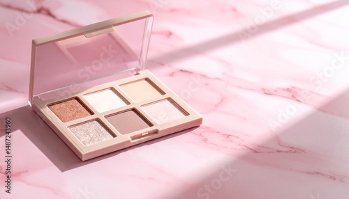 A pearlescent eyeshadow palette placed on marble