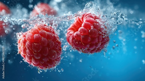 Fresh Red Raspberries Splashing in Clear Water Creating Bubbles and Ripples on Blue Background