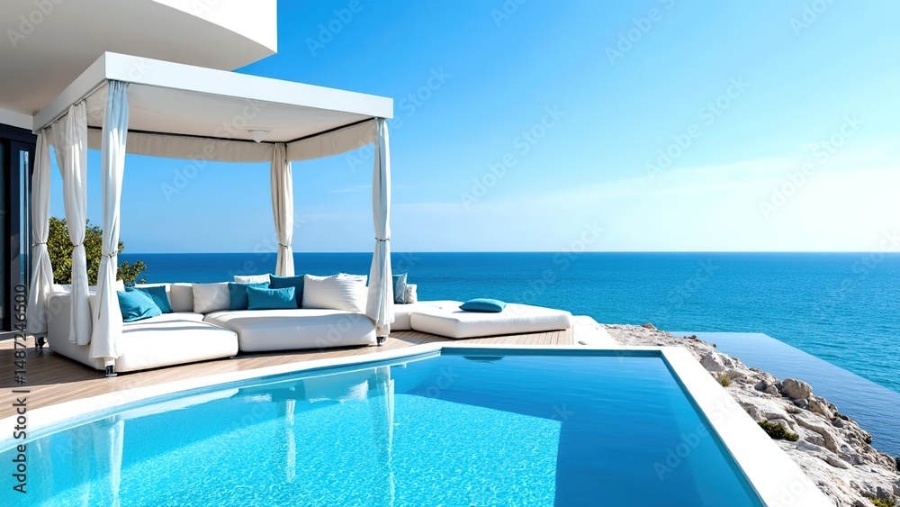 Obraz premium Modern Outdoor Lounge Area by Swimming Pool Overlooking Ocean