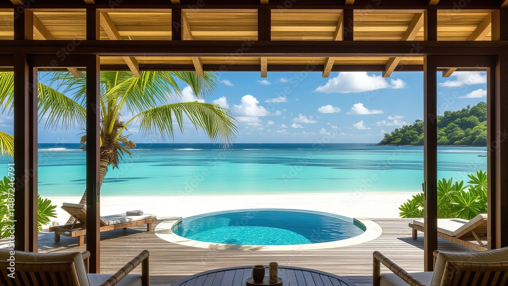Obraz premium Tranquil Ocean View from Elegant Beachside Villa with Pool