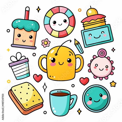Cute cartoon collection of various food and fun items