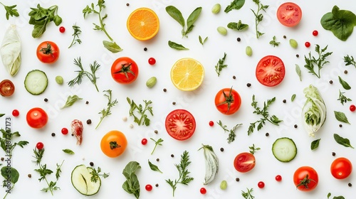 Bright and cheerful display of fresh vegetables and citrus fruits on white backdrop