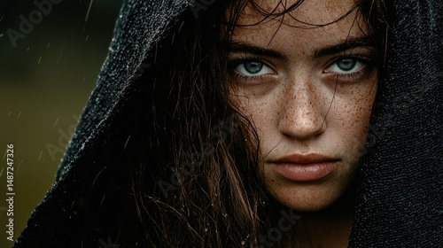 Portrait of a woman with freckles in a hooded garment