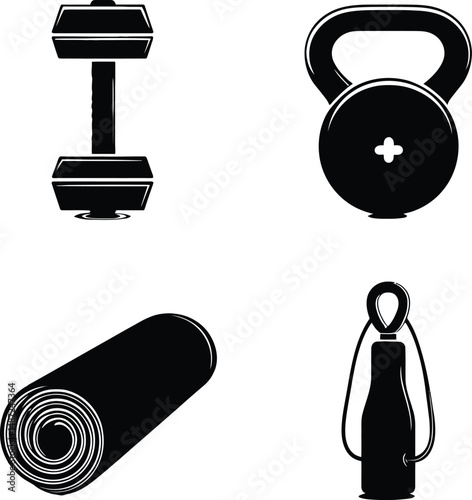 Fitness Equipment Icon Set Featuring Four Distinct Silhouettes: A Dumbbell for Strength Training, A Kettlebell Representing Functional Fitness, A Rolled-Up Exercise Mat Indicating Yoga or Stretching, 