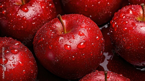 Several ripe red apples covered in water droplets closely arranged