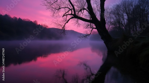 A serene lake reflecting a colorful sky with a prominent tree