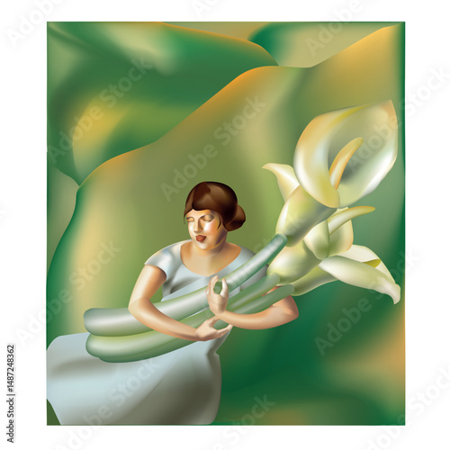 Woman embraces large white call lily flower in dreamy green setting