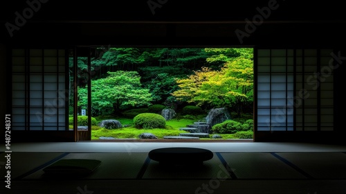 A serene garden scene framed by a traditional wooden structure