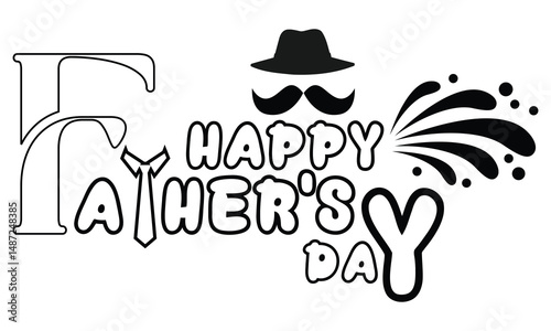 Happy Father's Day lettering with hat and mustache in black white decorative illustration