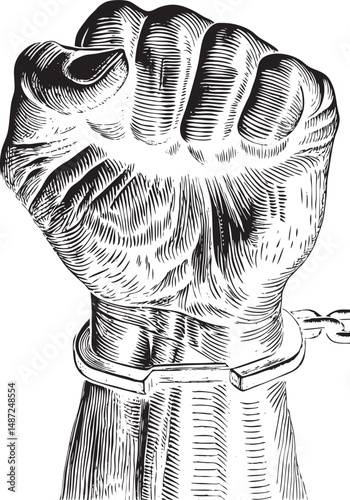 The illustration shows a clenched fist bound in chains, symbolizing the struggle for freedom or liberation from oppression.