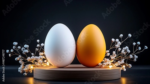 there are two white and orange eggs sitting on a wooden stand