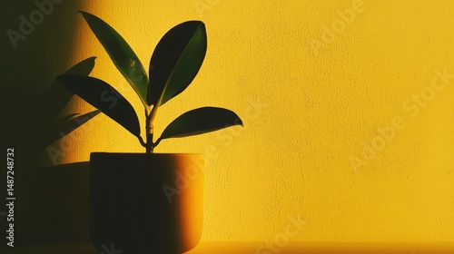 A potted plant against a bright yellow wall casting shadows