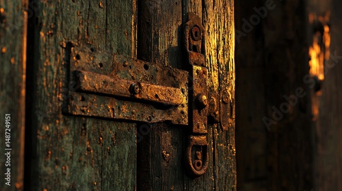 A detailed photograph of an aged door with its metal latch