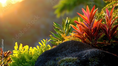 Sunlight illuminates vibrant colorful plants with a natural lush scene