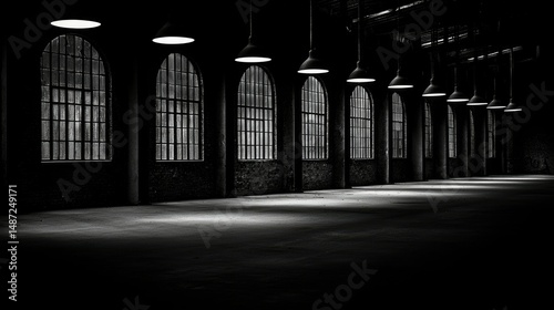 Interior of an industrial building with large arched windows and lights