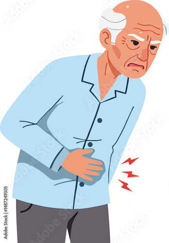 Elderly Man with Stomachache – Flat Vector Illustration of Digestive Pain, Gastrointestinal Discomfort, and Senior Health Issues