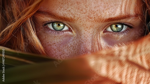 A close up of a woman with striking green eyes