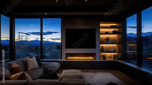 Modern living room interior featuring a cozy fireplace and stunning mountain view