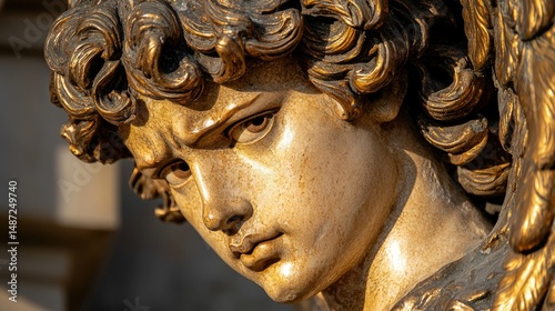 A close up of a classical looking angel sculpture portrait