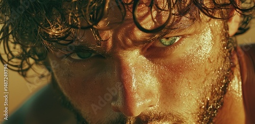 Close up portrait of a sweaty man with intense gaze