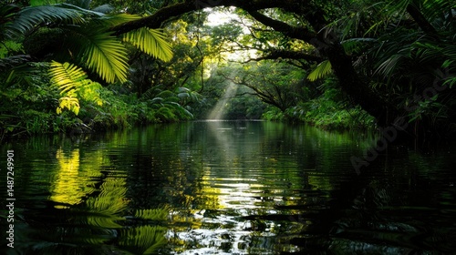 A serene river flows through a lush green jungle landscape