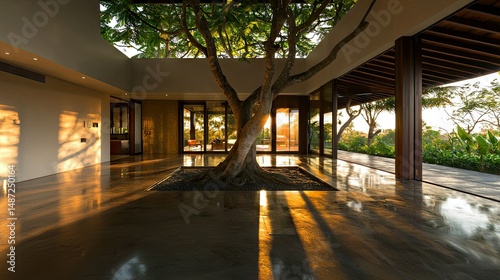 A modern open plan interior featuring a large tree in its center