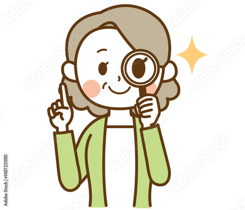 虫眼鏡でチェックするおばさん、おばあさん、高齢女性のイラスト