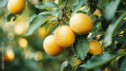 Fresh Yellow Fruits on Green Tree Branch in Garden