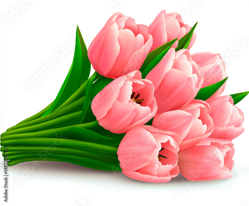 A bouquet of fresh pink tulips with lush green leaves is arranged against a white background, creating a delicate and elegant floral composition perfect for spring, romance, and celebrations.