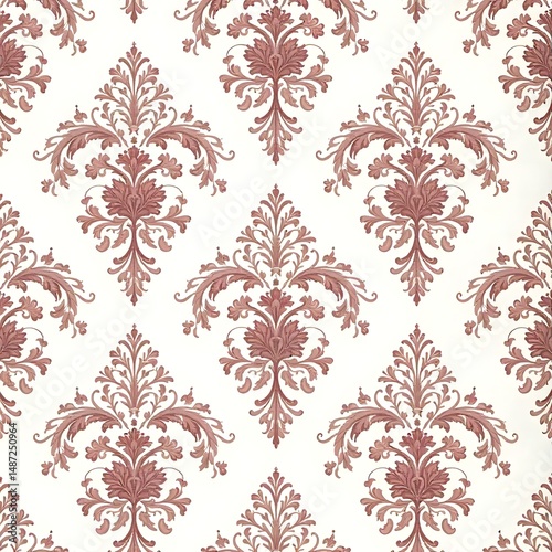 Red Damask Pattern: Elegant Floral Repeat Design on White Background