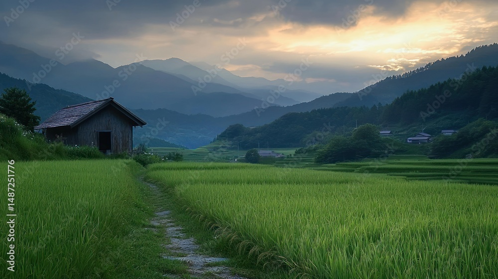 Fototapeta premium A beautiful landscape features fields mountains and a small wooden structure